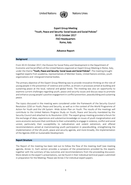Expert Group Meeting “Youth, Peace and Security: Social Issues and Social Policies” 30-31 October 2017 FAO Headquarters Rome, Italy