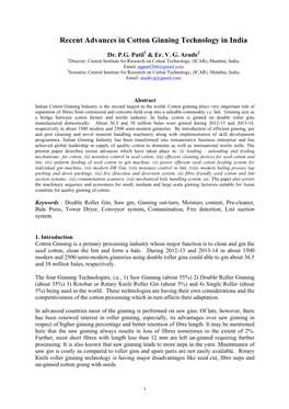 Paper on Recent Advance in Cotton Ginning Technology in India