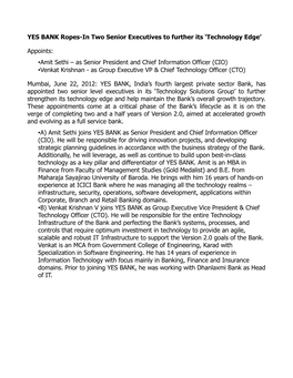 Amit Sethi – As Senior President and Chief Information Officer (CIO) •Venkat Krishnan - As Group Executive VP & Chief Technology Officer (CTO)