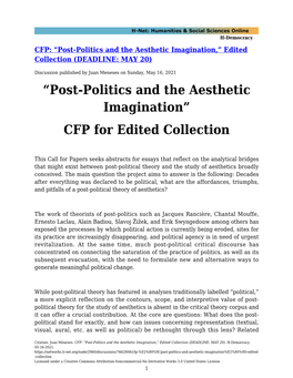 Post-Politics and the Aesthetic Imagination,” Edited Collection (DEADLINE: MAY 20)