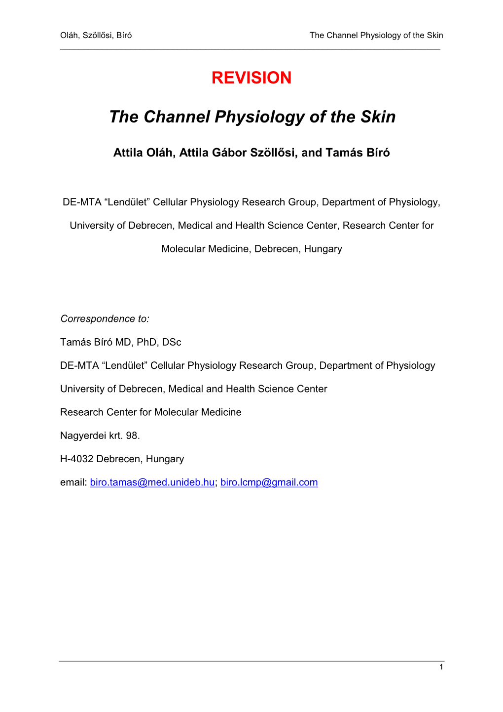 REVISION the Channel Physiology of the Skin