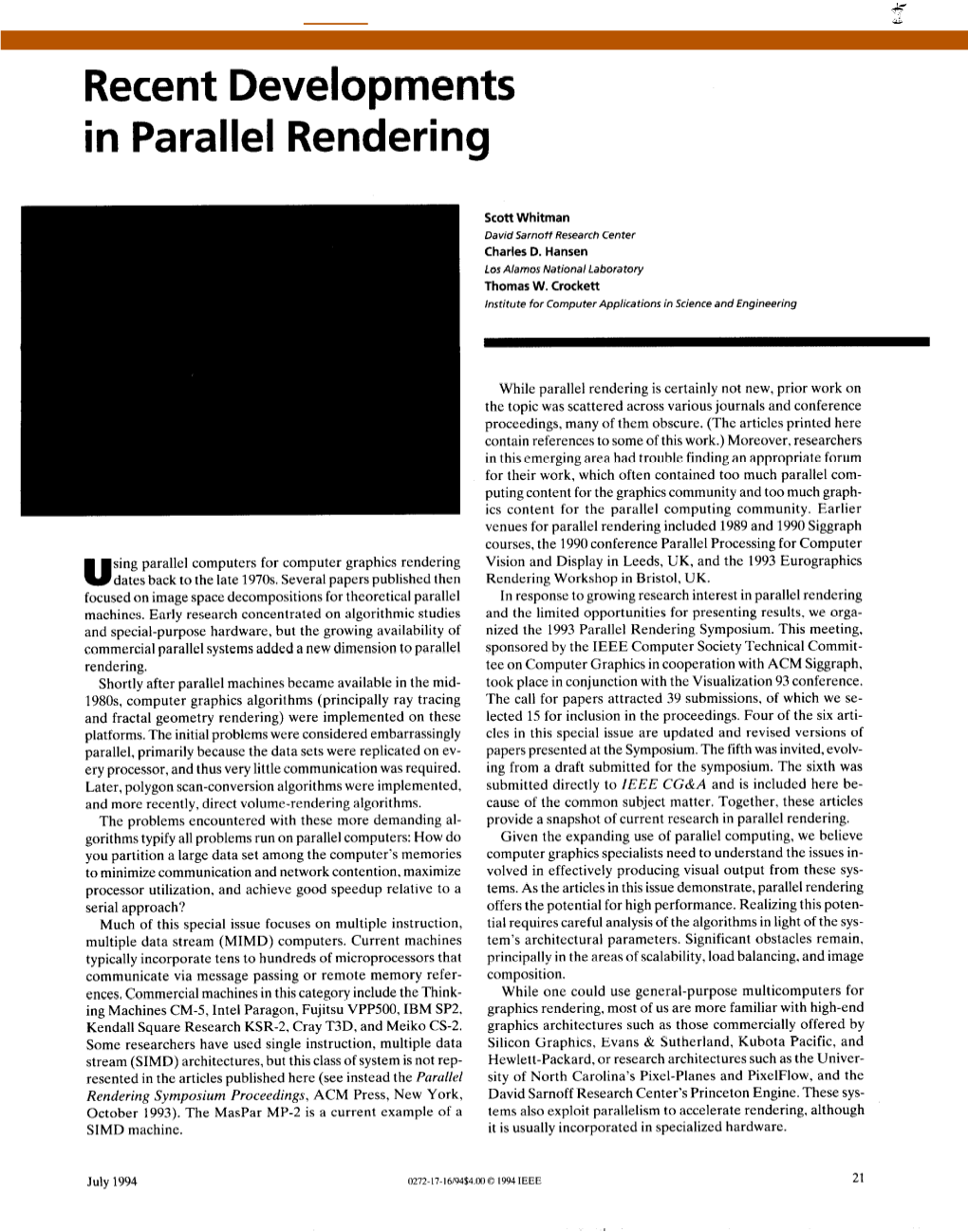 Recent Developments in Parallel Rendering