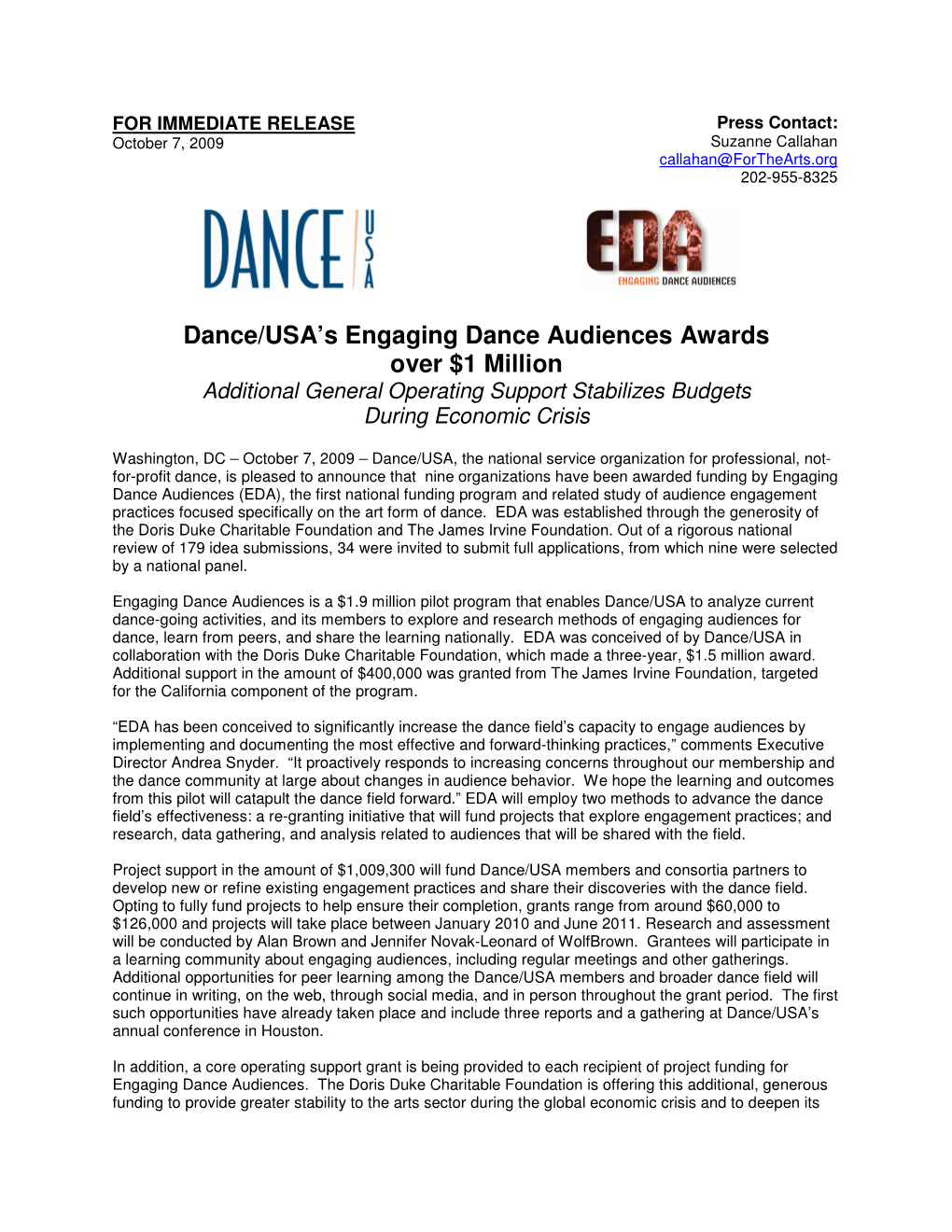 Dance/USA's Engaging Dance Audiences Awards Over $1 Million