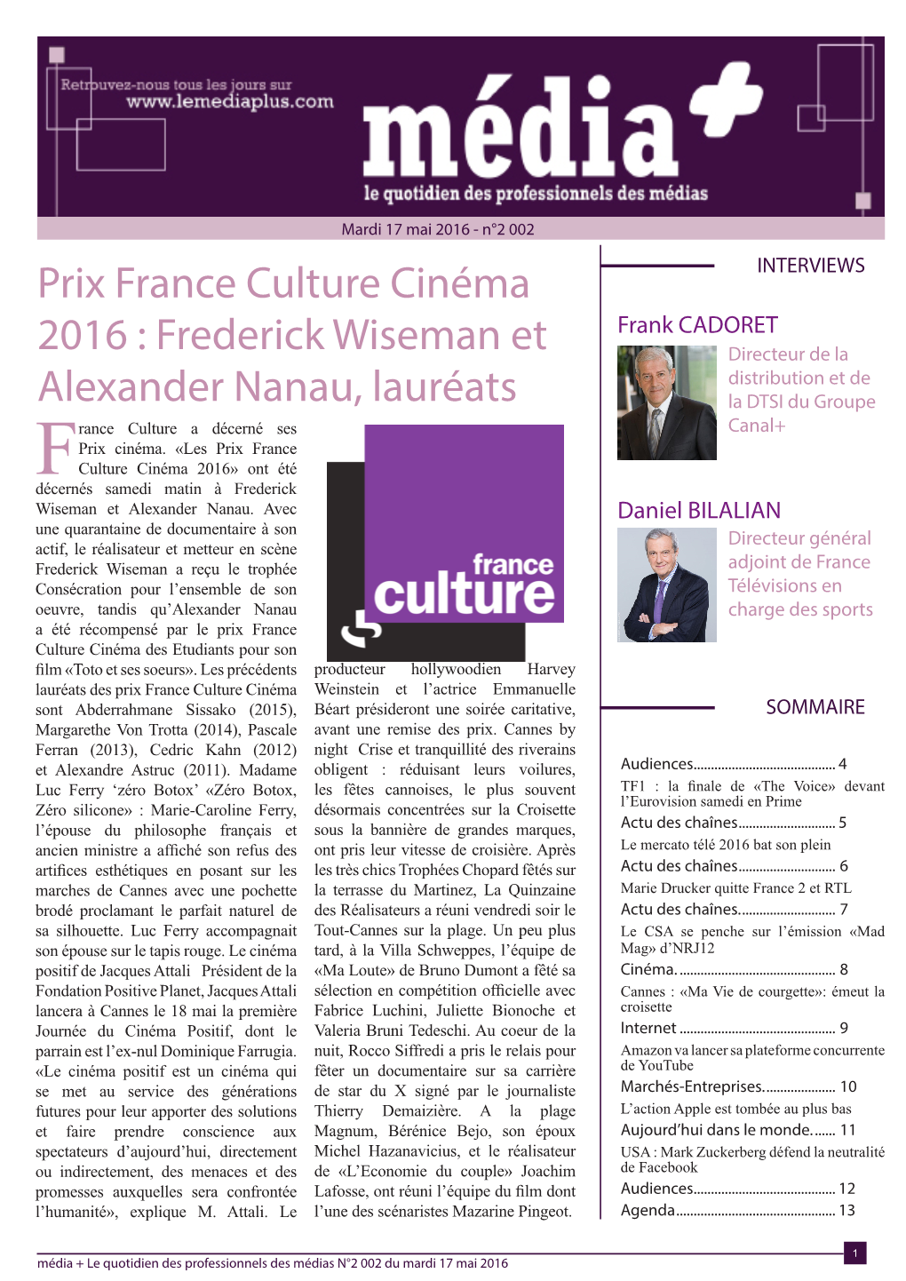 Prix France Culture Cinéma 2016 : Frederick Wiseman Et