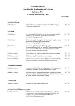Amtsblatt Für Den Landkreis Cuxhaven Jahrgang 2012 Laufende Nummern 1 - 342 Lfd.Nr./Seite