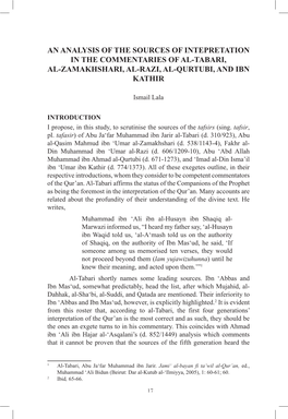 An Analysis of the Sources of Intepretation in the Commentaries of Al-Tabari, Al-Zamakhshari, Al-Razi, Al-Qurtubi, and Ibn Kathir