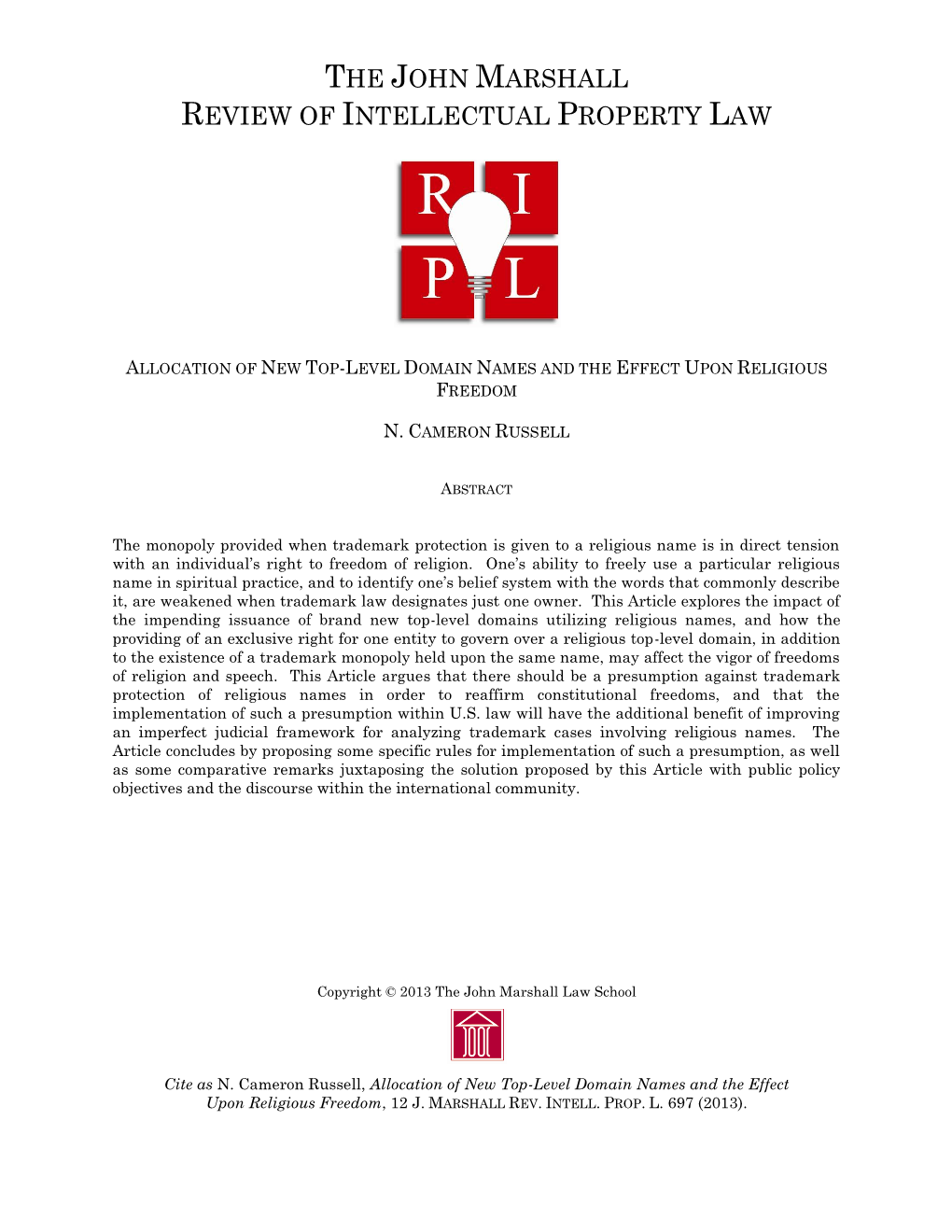 Allocation of New Top-Level Domain Names and the Effect Upon Religious Freedom