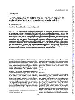 Laryngospasm and Reflex Central Apnoea Caused by Aspiration of Refluxed Gastric Content in Adults