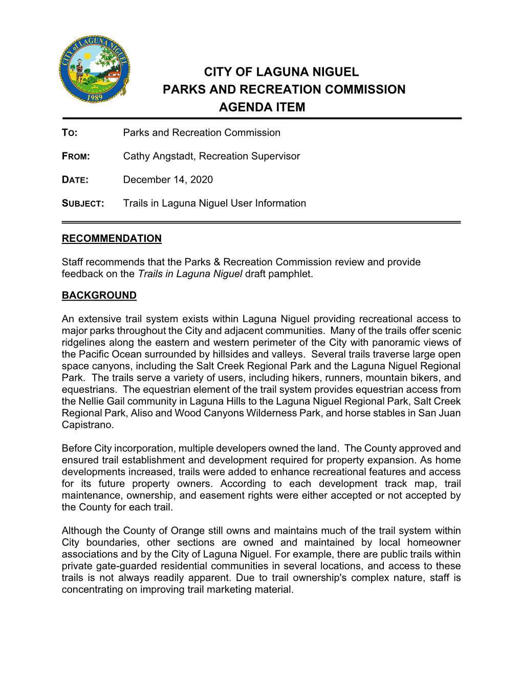 City of Laguna Niguel Parks and Recreation Commission Agenda Item