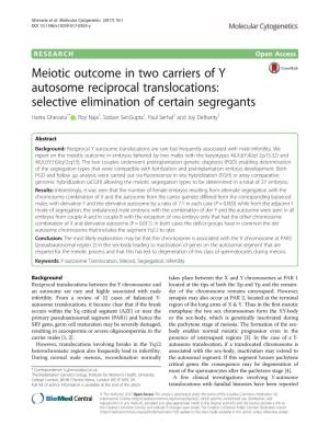 Meiotic Outcome in Two Carriers of Y Autosome Reciprocal Translocations: Selective Elimination of Certain Segregants
