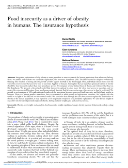 Food Insecurity As a Driver of Obesity in Humans: the Insurance Hypothesis