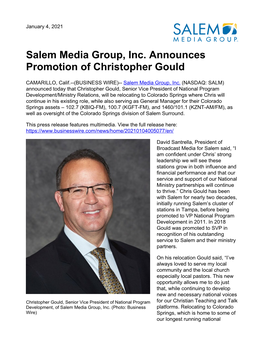 Salem Media Group, Inc. Announces Promotion of Christopher Gould