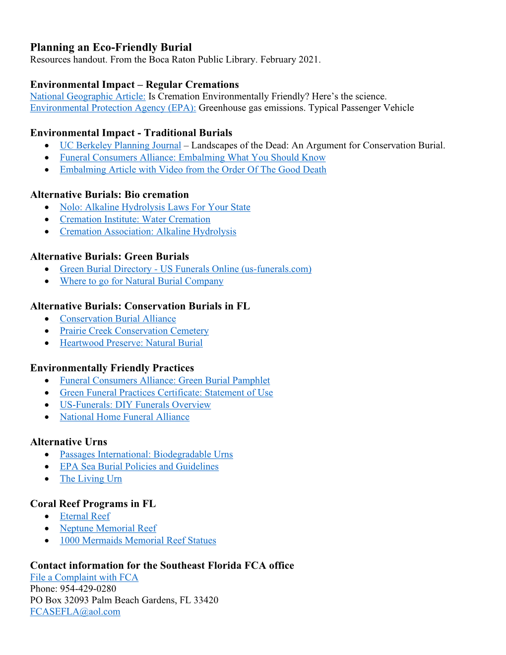 Eco-Friendly Burial Resources Handout