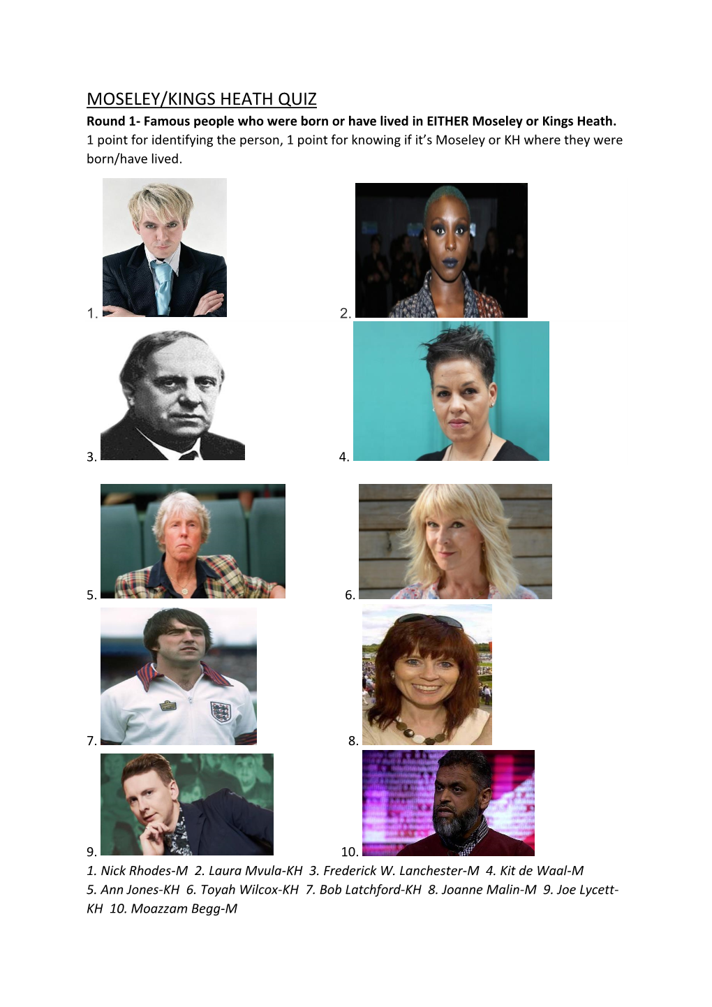 MOSELEY/KINGS HEATH QUIZ Round 1- Famous People Who Were Born Or Have Lived in EITHER Moseley Or Kings Heath