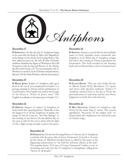 The “O” Antiphons December 17 O SAPIENTIA: on This Day, the O Antiphons Begin to Be Used with the Song of Mary (The Magnific