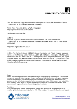 Gentrification Interrupted in Salford, UK: from New Deal to “Limbo-Land” in a Contemporary Urban Periphery