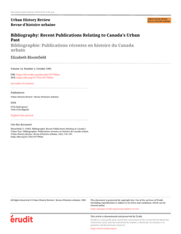 Recent Publications Relating to Canada's Urban Past / Bibliographie: Publications Récentes En Histoire Du Canada Urbain