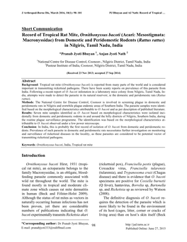 Record of Tropical Rat Mite, Ornithonyssus Bacoti