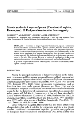 Meiotic Studies in Largus Rufipennis ( Castelnau) (Largidae, Heteroptera). II. Reciprocal Translocation Heterozygosity