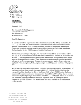 Letter of Notification of Presidential Records Release (Clinton)
