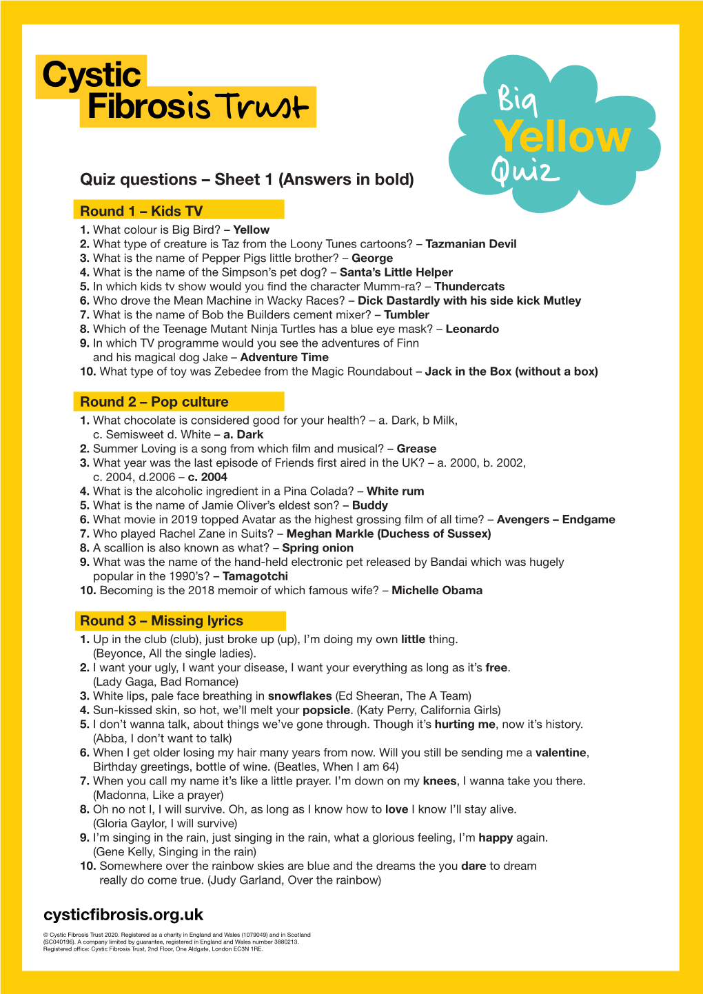 Quiz Questions – Sheet 1 (Answers in Bold) Cysticfibrosis.Org.Uk