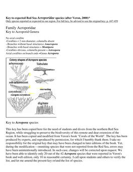 Family Acroporidae Key to Acroporid Genera
