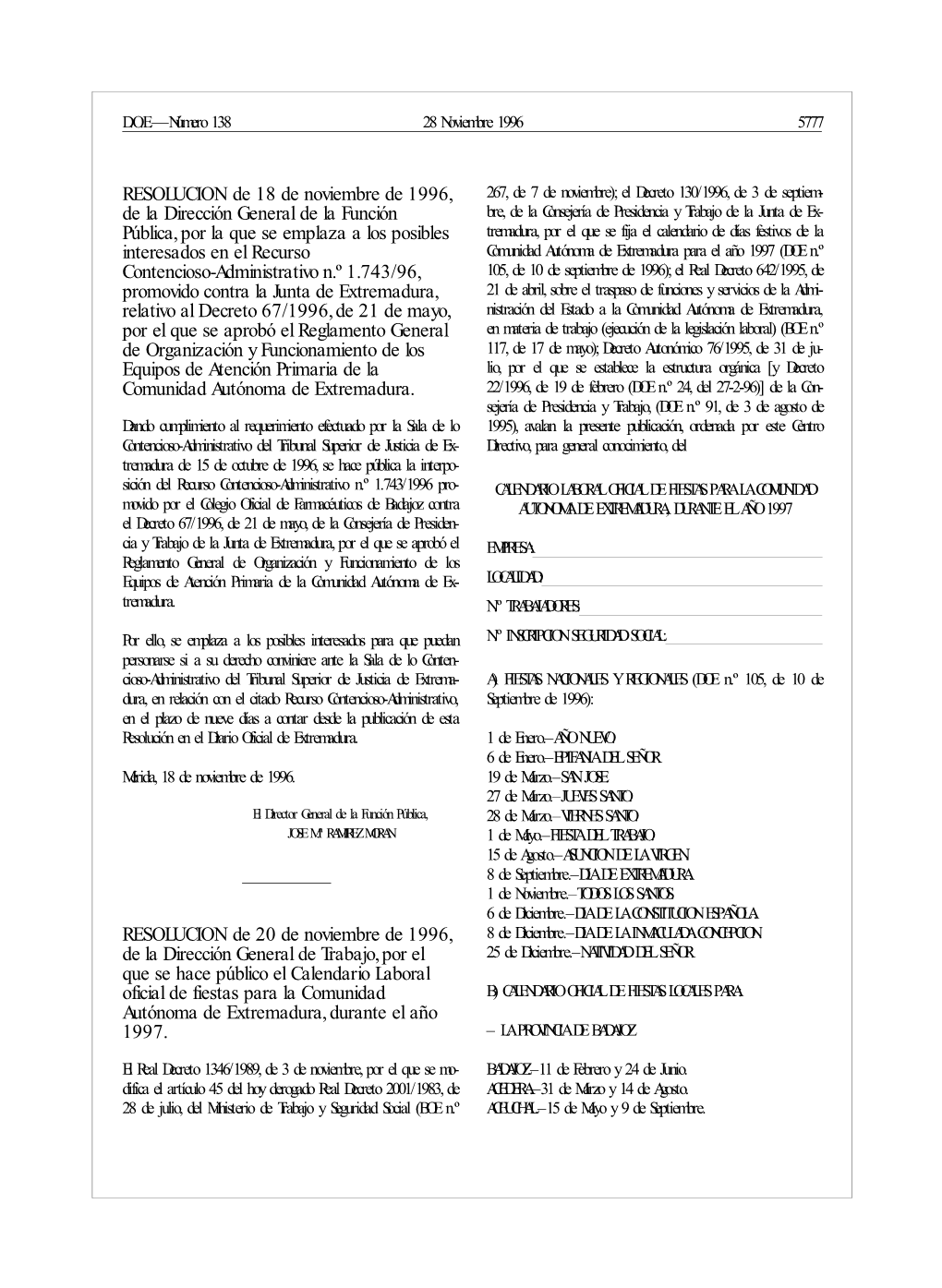 RESOLUCION De 18 De Noviembre De 1996, De La Dirección General De