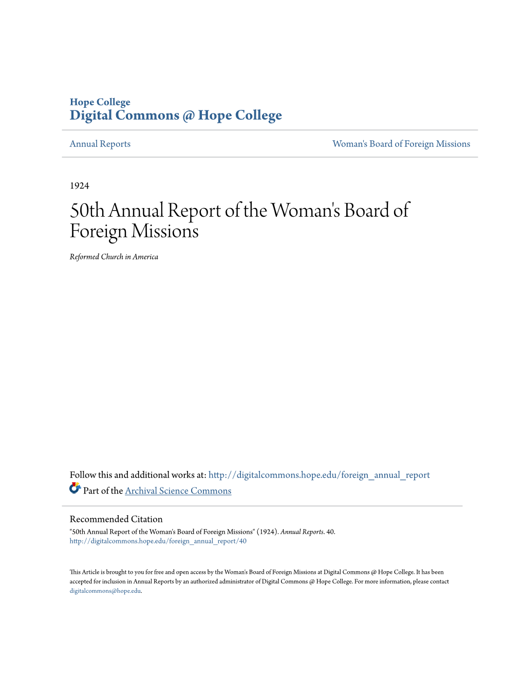 50Th Annual Report of the Woman's Board of Foreign Missions