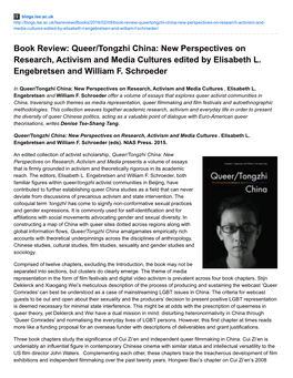Queer/Tongzhi China: New Perspectives on Research, Activism and Media Cultures Edited by Elisabeth L