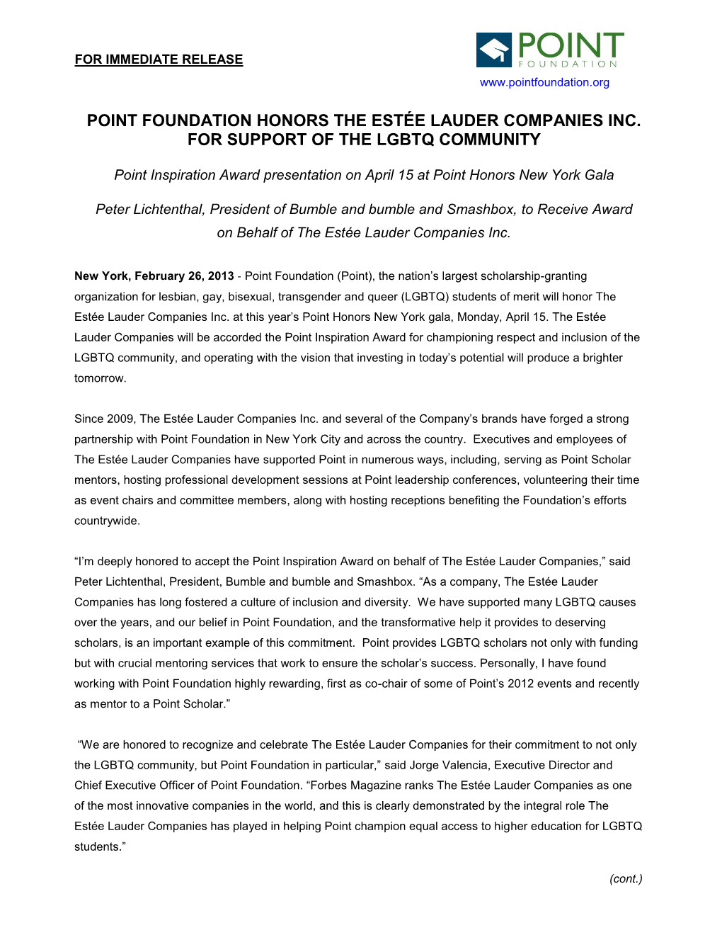 Point Foundation Honors the Estée Lauder Companies Inc