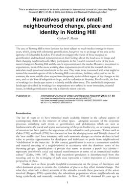 Narratives Great and Small: Neighbourhood Change, Place and Identity in Notting Hill Graham P