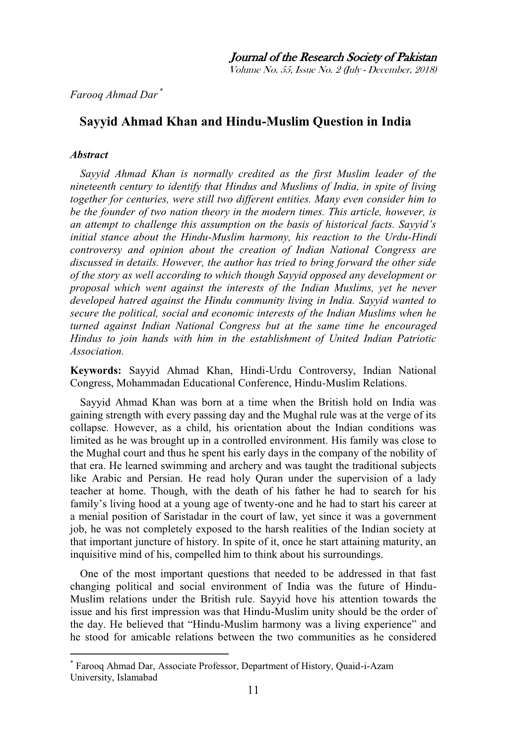 Sayyid Ahmad Khan and Hindu-Muslim Question in India