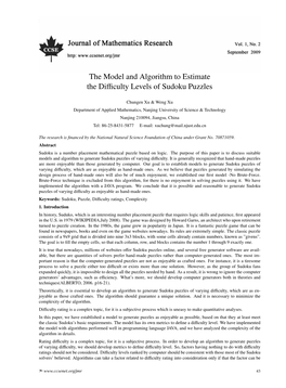 The Model and Algorithm to Estimate the Difficulty Levels of Sudoku