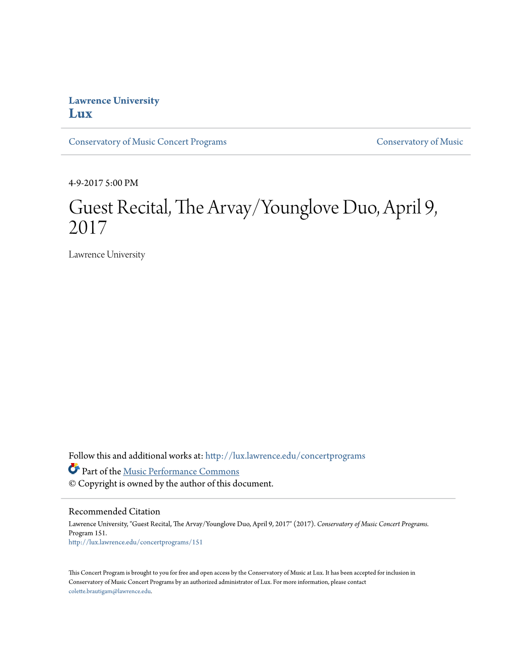 Guest Recital, the Arvay/Younglove Duo, April 9, 2017 Lawrence University