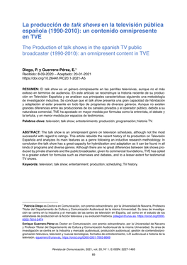 La Producción De Talk Shows En La Televisión Pública Española (1990-2010): Un Contenido Omnipresente En TVE