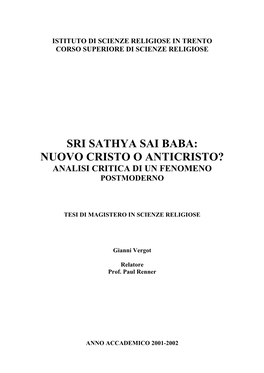 Sri Sathya Sai Baba: Nuovo Cristo O Anticristo? Analisi Critica Di Un Fenomeno Postmoderno