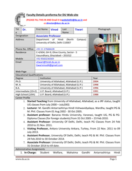 Dr. Tiwari Associate Professor Faculty Details Proforma for DU Web-Site