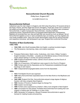Nonconformist Church Records Nonconformist Defined Timeline Of