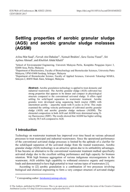 Settling Properties of Aerobic Granular Sludge (AGS) and Aerobic Granular Sludge Molasses (AGSM)