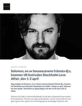 Solomun, En Av Housescenens Främsta Dj:S, Kommer Till Festivalen Stockholm Love Affair, Den 1-2 April