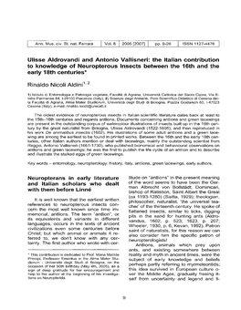 Ulisse Aldrovandi and Antonio Vallisneri: the Italian Contribution to Knowledge of Neuropterous Insects Between the 16Th and the Early 18Th Centuries*