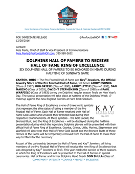 Dolphins Hall of Famers to Receive Hall of Fame Ring of Excellence Six Dolphins Hall of Famers to Be Honored in Miami During Halftime of Sunday’S Game