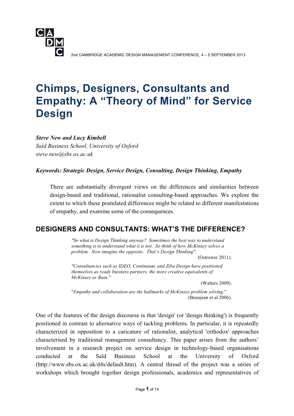 Chimps, Designers, Consultants and Empathy: a “Theory of Mind” for Service Design