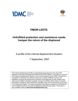 TIMOR-LESTE: Unfulfilled Protection and Assistance Needs Hamper the Return of the Displaced