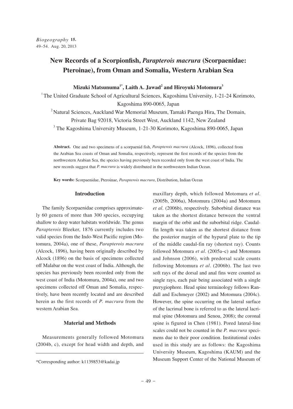 New Records of a Scorpionfish, Parapterois Macrura (Scorpaenidae: Pteroinae), from Oman and Somalia, Western Arabian Sea
