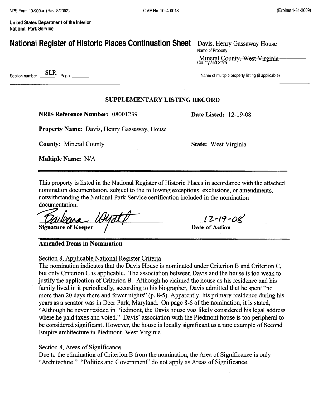 National Register of Historic Places Continuation Sheet Davis