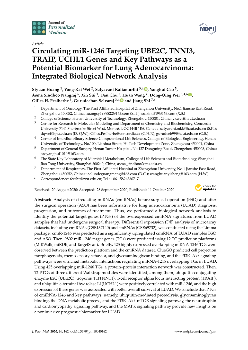 Circulating Mir-1246 Targeting UBE2C, TNNI3, TRAIP, UCHL1