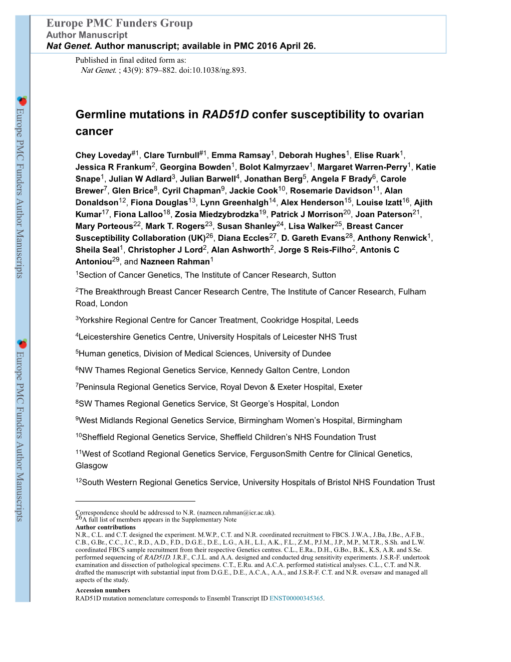 Germline Mutations in RAD51D Confer Susceptibility to Ovarian Cancer