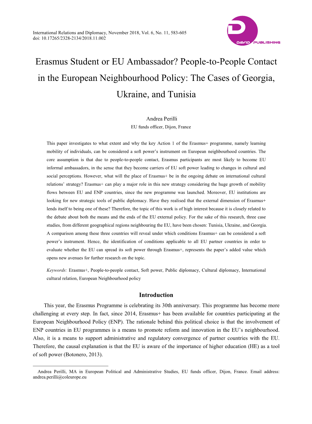Erasmus Student Or EU Ambassador? People-To-People Contact in the European Neighbourhood Policy: the Cases of Georgia, Ukraine, and Tunisia