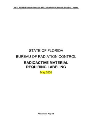 STATE of FLORIDA BUREAU of RADIATION CONTROL RADIOACTIVE MATERIAL REQUIRING LABELING May 2000